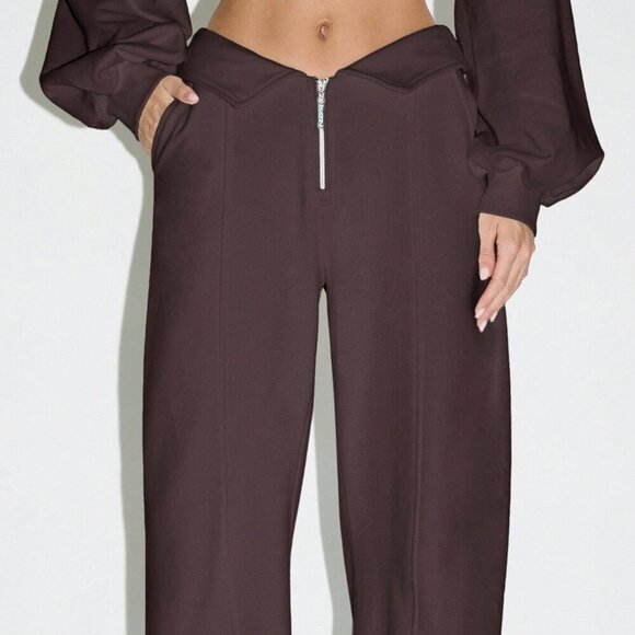 Coffee Brown Women's Casual High Waist Wide Leg Trousers - Picture 3 of 5